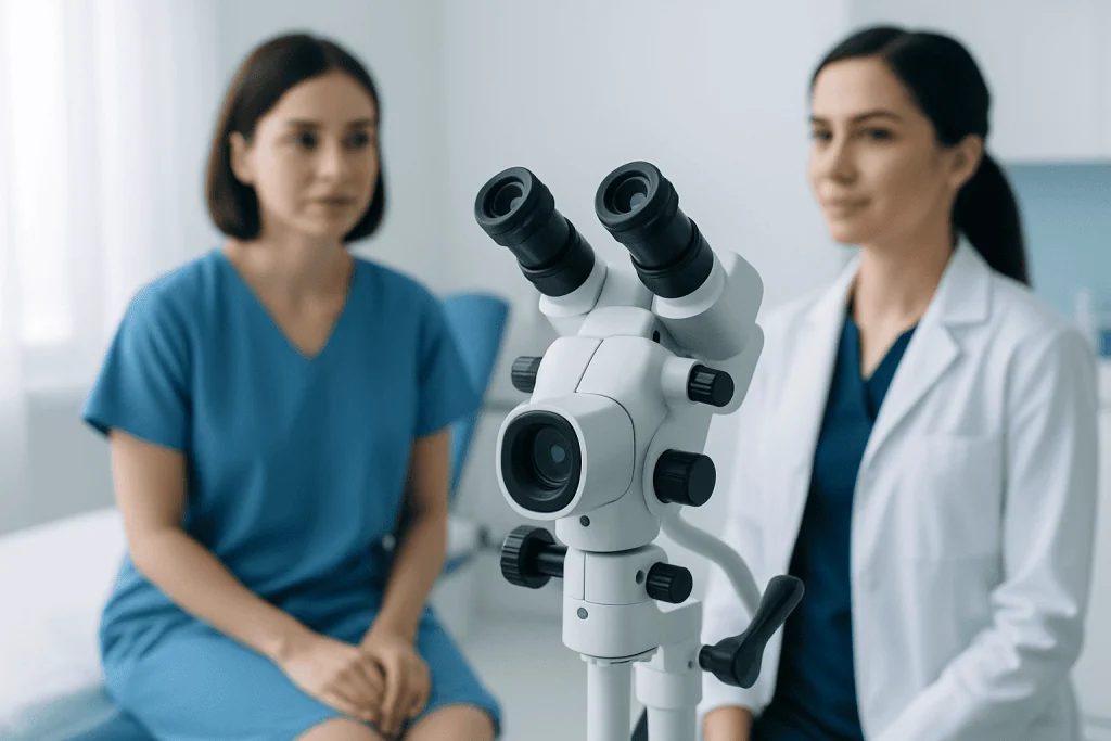 Medical professionals using a microscope in a clinical setting.