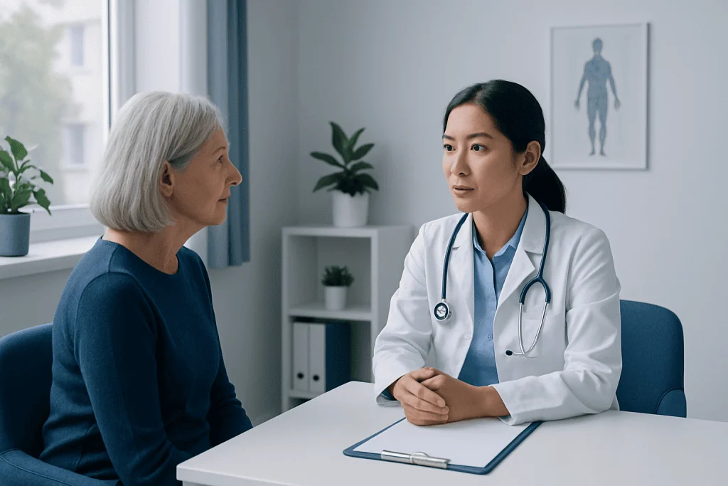 Doctor consulting with an elderly female patient in a medical office.