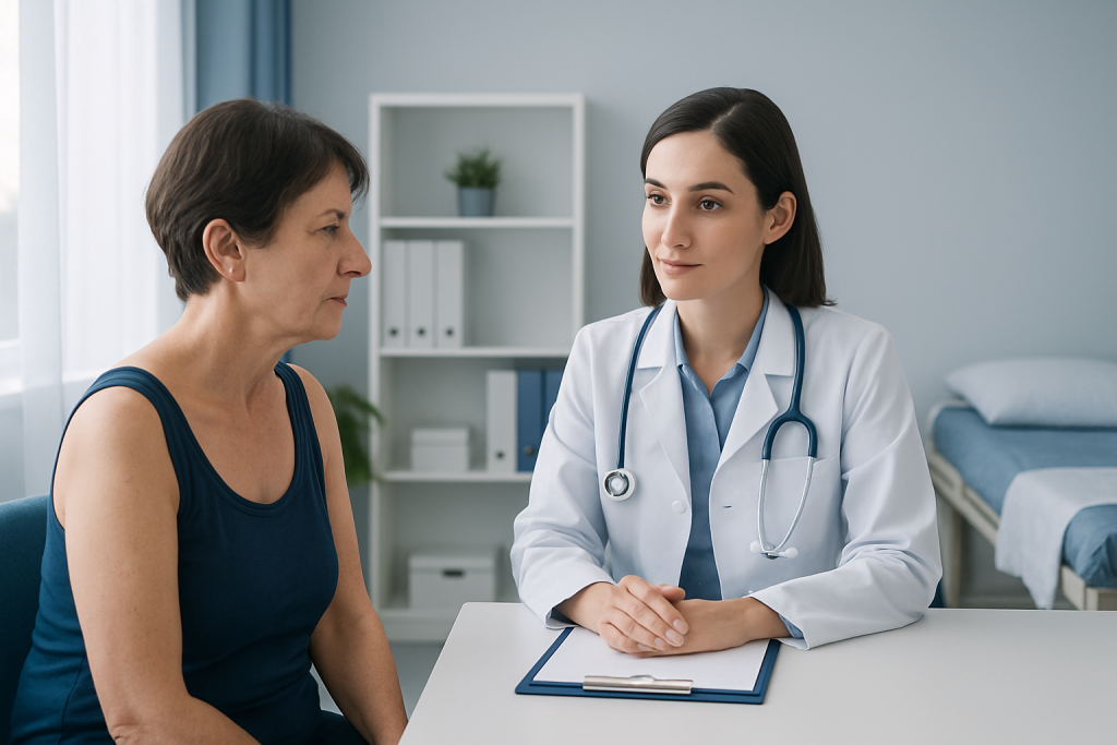 Doctor consulting with a female patient in a medical office.