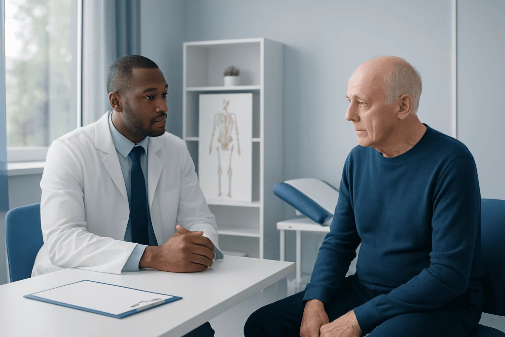 Doctor consulting with an elderly patient in a medical office.