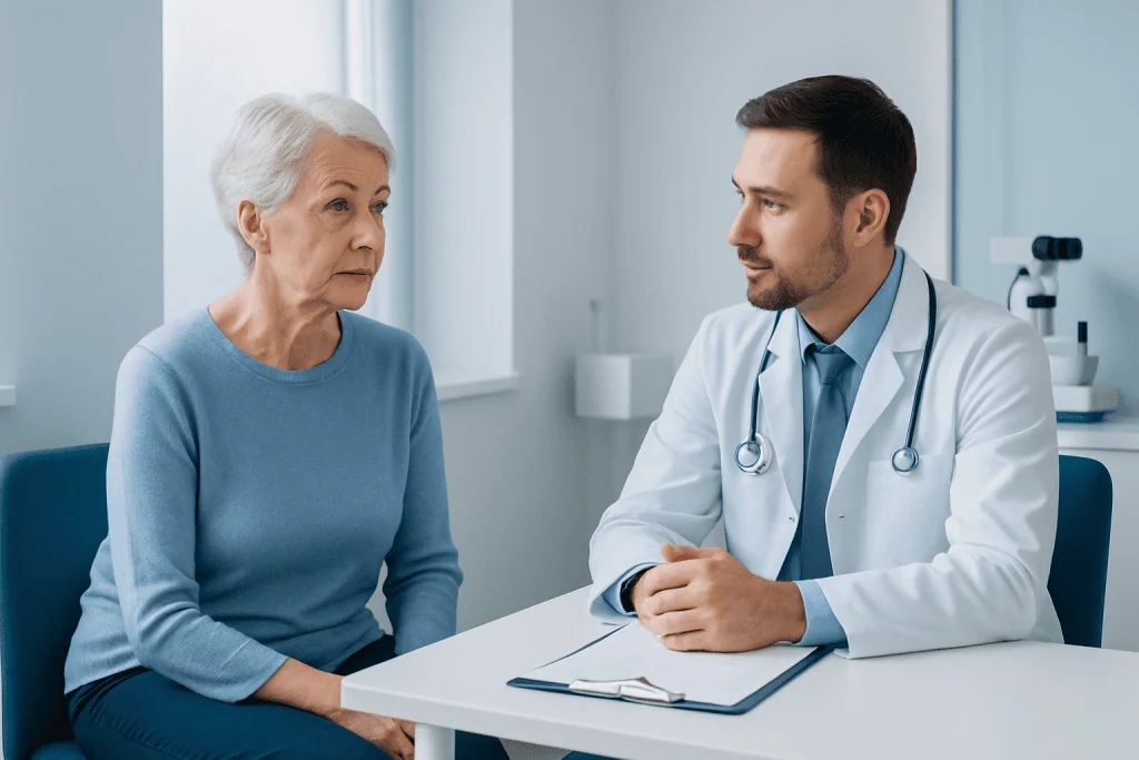 Doctor consulting with elderly woman in a medical office.