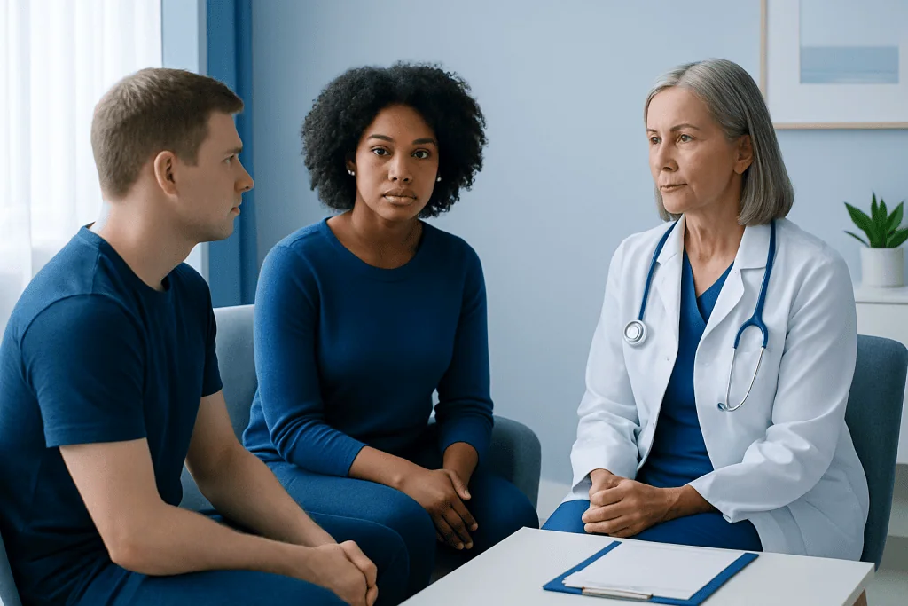 Doctor consulting with young patients about hemophilia treatment options.