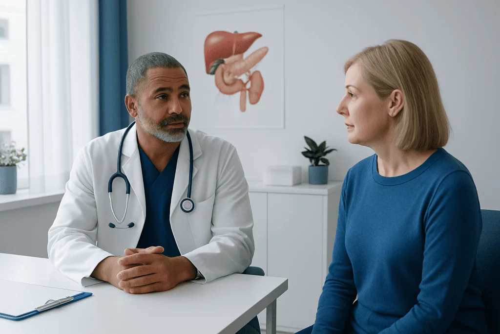 Doctor consulting with a patient about pancreatic health in a medical office.
