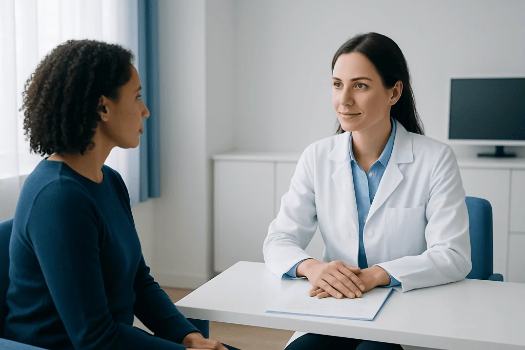 Ophthalmologist consulting a patient in a modern clinic setting.