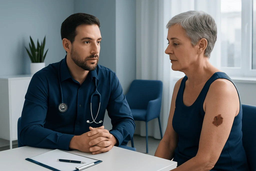 Doctor consulting with a patient with a mole on her arm at a clinic.
