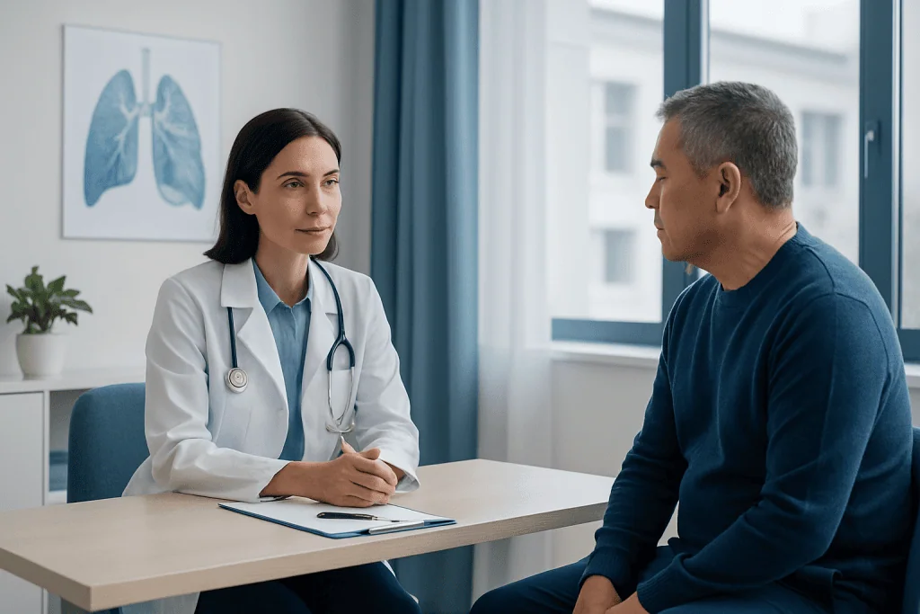 Doctor consulting with patient in a hospital setting with lung diagram on the wall.