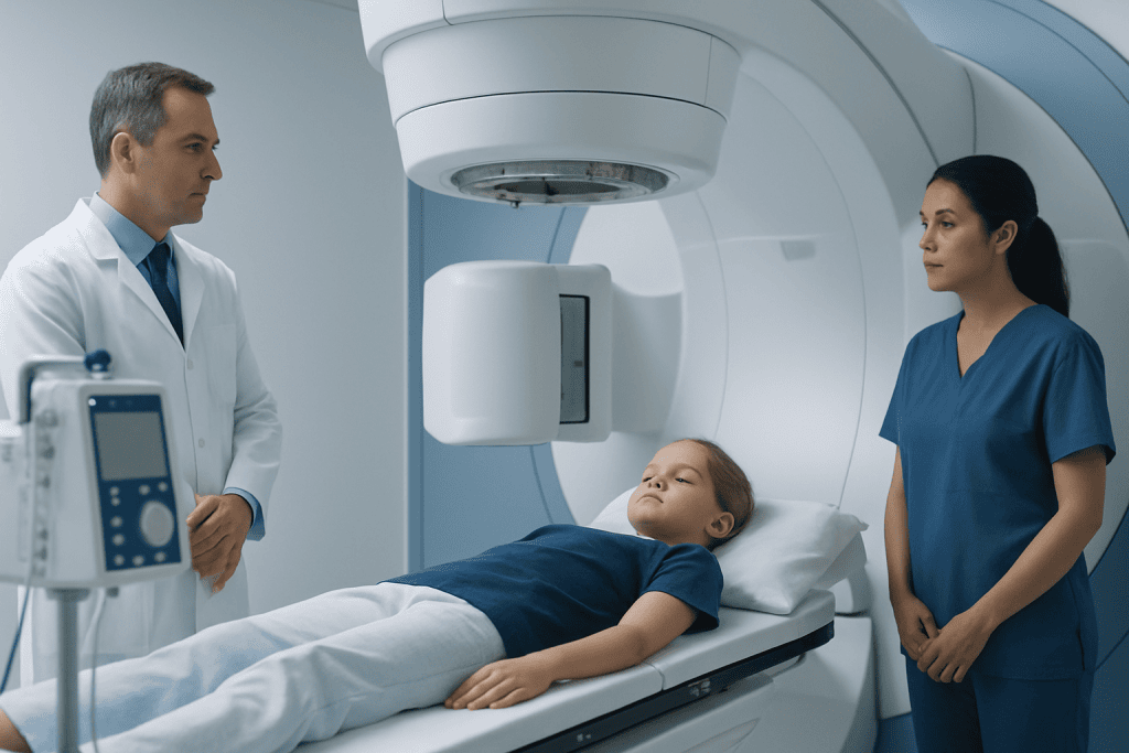 Child undergoing MRI scan at Acibadem Hospital with medical staff present.