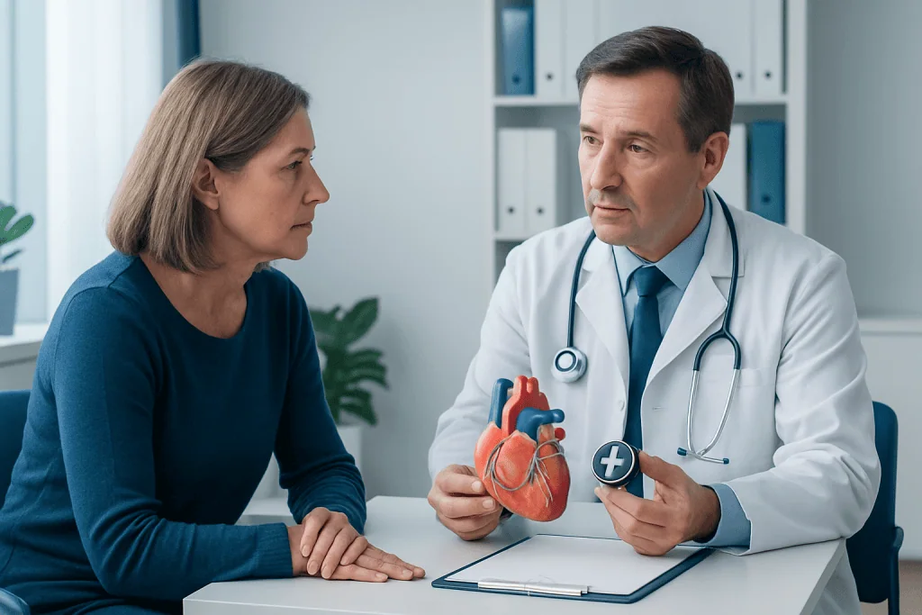 Cardiologist explaining heart valve options to a patient in consultation.