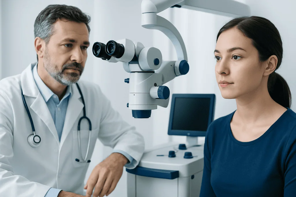 Ophthalmologist examining a patient with a slit lamp microscope at a clinic.