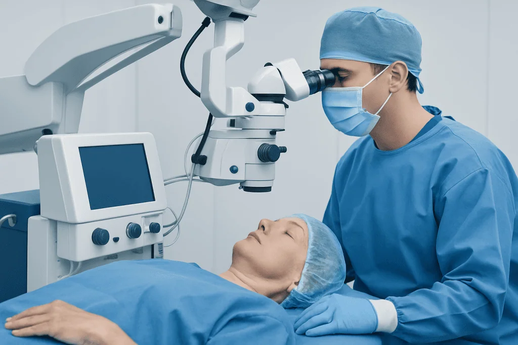 Ophthalmologist performing eye surgery with microscope at Acibadem Hospital.