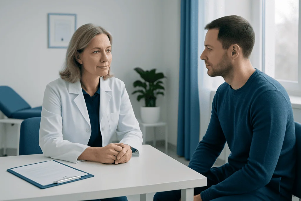 Doctor consulting with a patient in a medical office.
