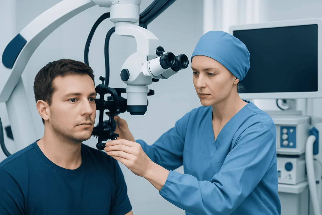 Doctor performing a neurological exam with a microscope on a patient.