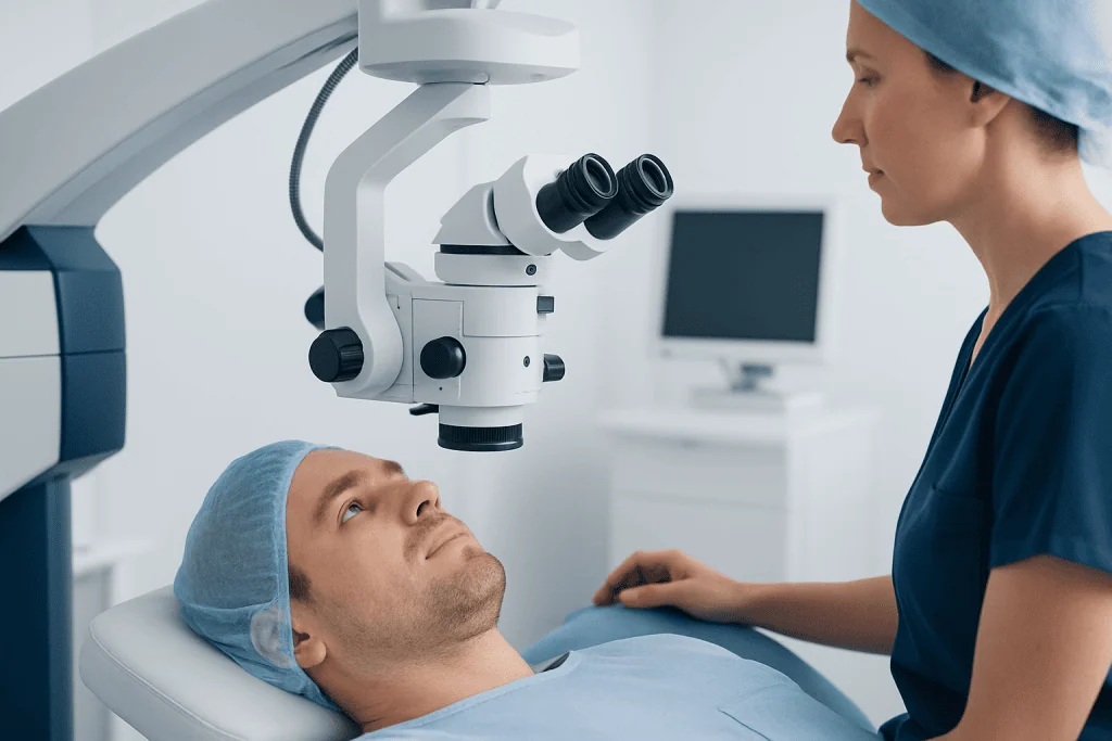 Ophthalmologist performing eye examination with a microscope.
