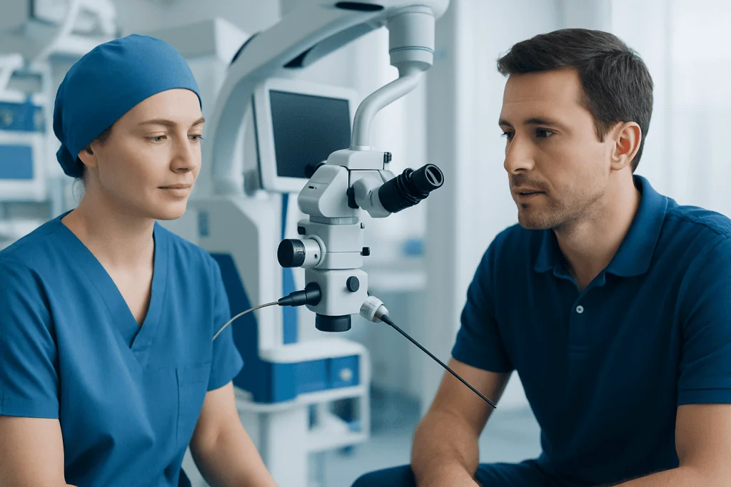 Medical professionals using a microscope during a surgical consultation at Acibadem Hospitals.
