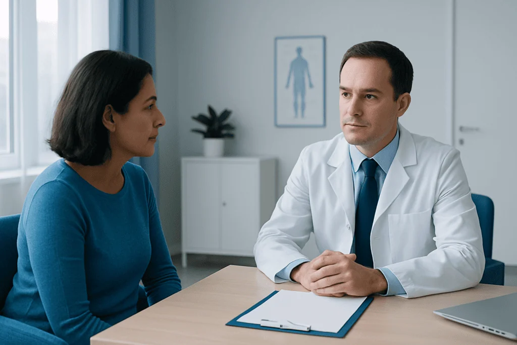 Doctor consulting with a patient in a medical office setting.