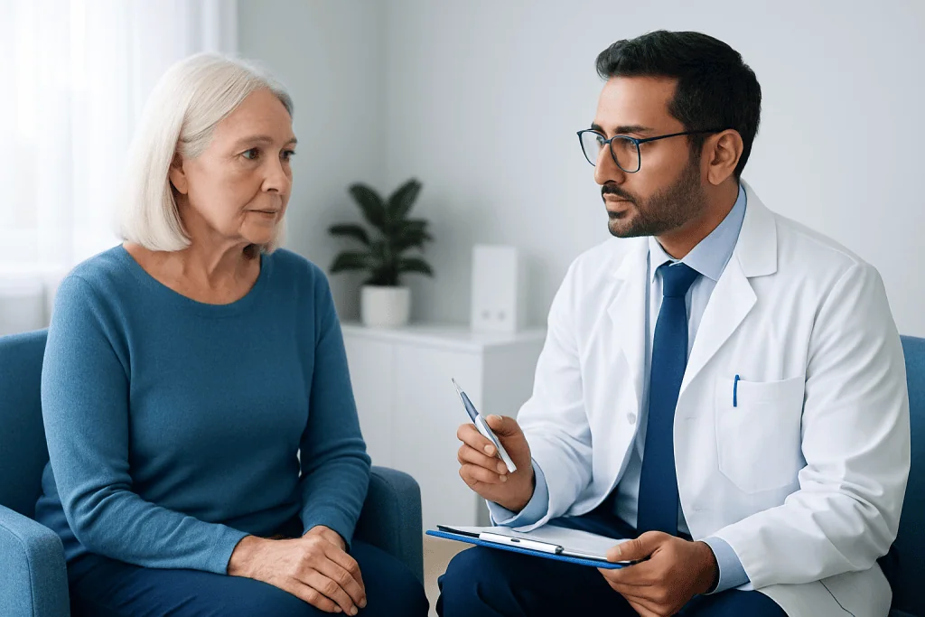 Doctor consulting with an elderly female patient in a medical office.
