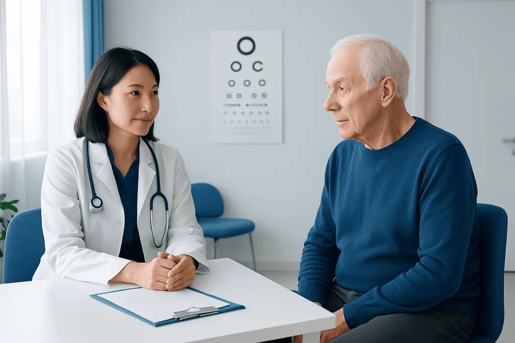 Doctor consulting with elderly patient in a modern clinic setting.