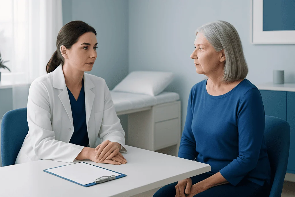 Doctor consulting with an elderly woman in a medical office setting.