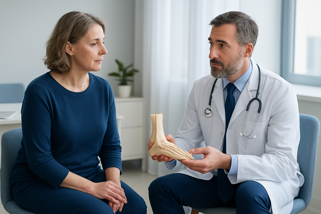 Doctor explaining fallen arches treatment options to a patient in a clinic.