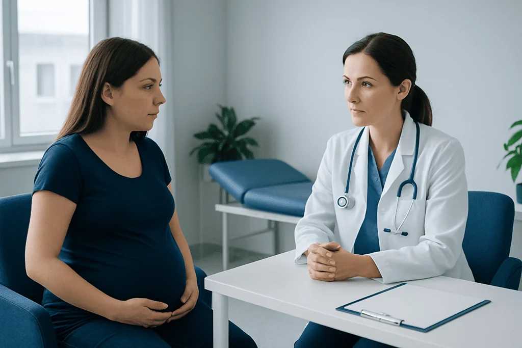 Pregnant woman consulting with a doctor in a medical office.