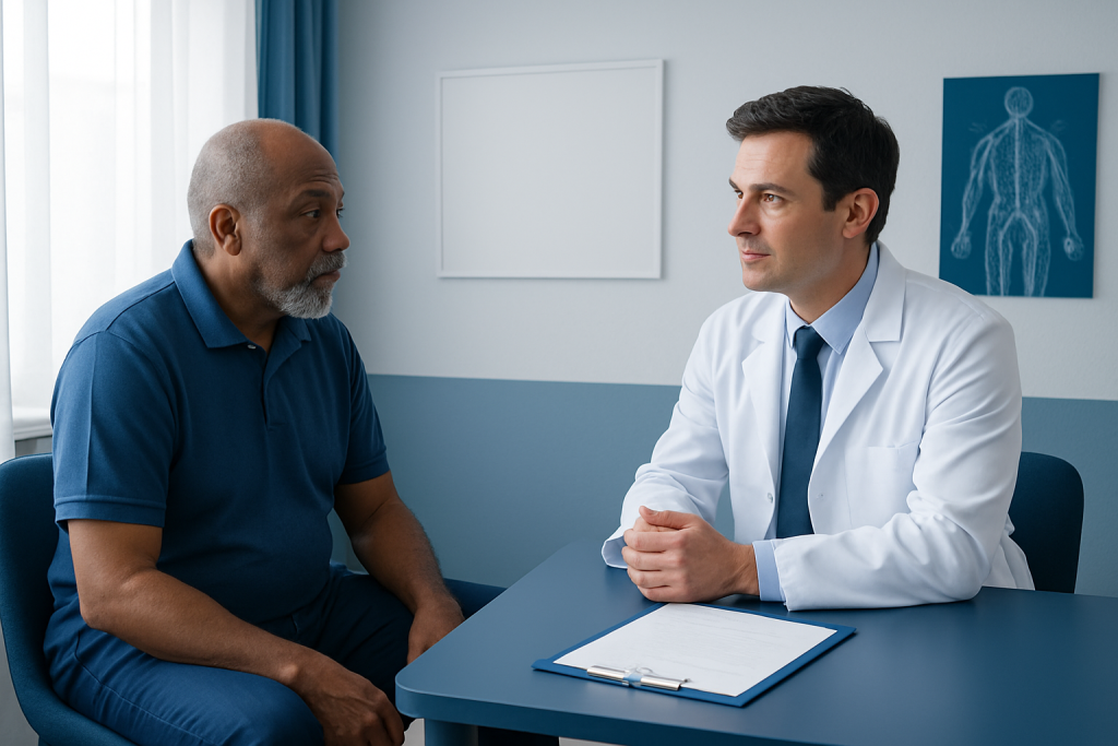 Doctor consulting with an elderly male patient in a medical office.