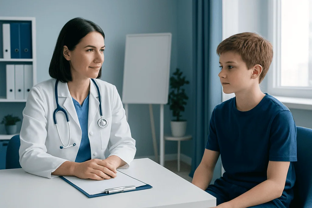 Doctor consulting with a young patient in a modern clinic setting.