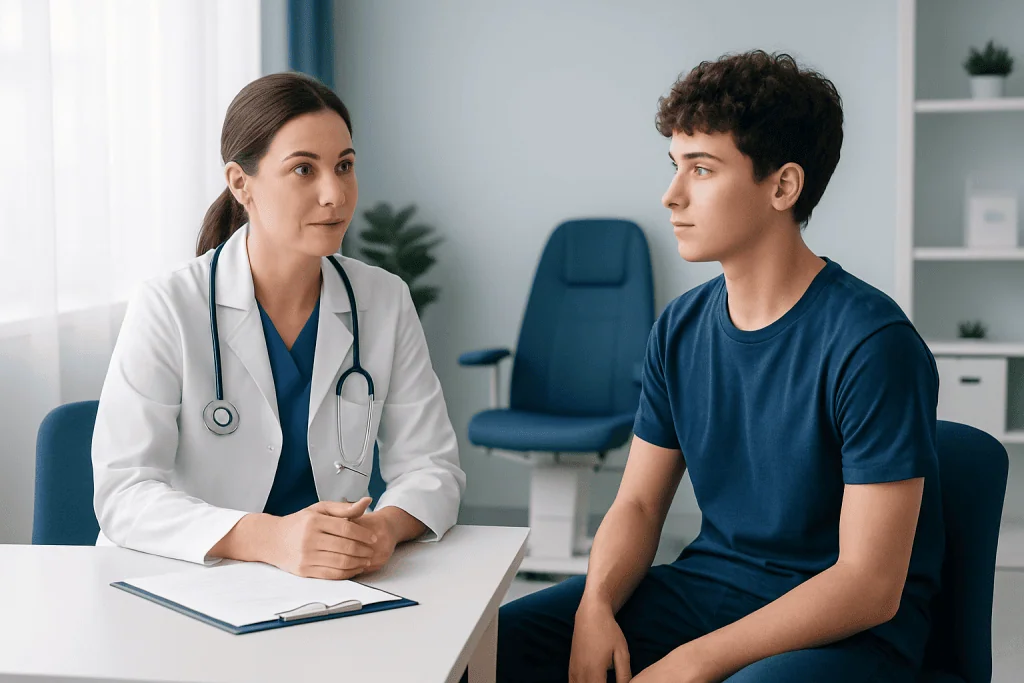 Doctor consulting with a young male patient in a medical office.