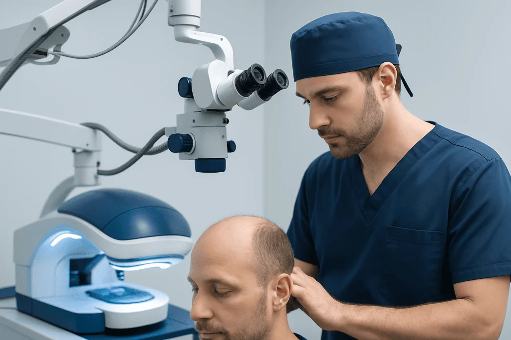Hair transplant consultation at Acibadem Hospital with specialist using advanced equipment.