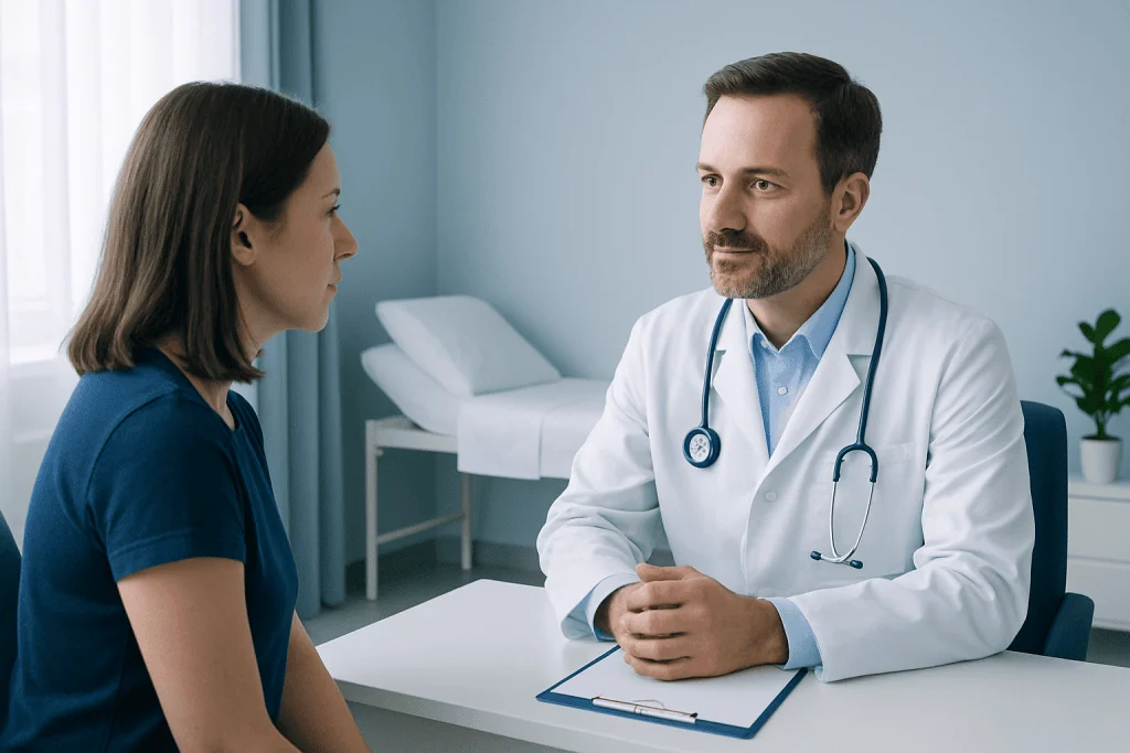 Doctor consulting with female patient in a medical office.