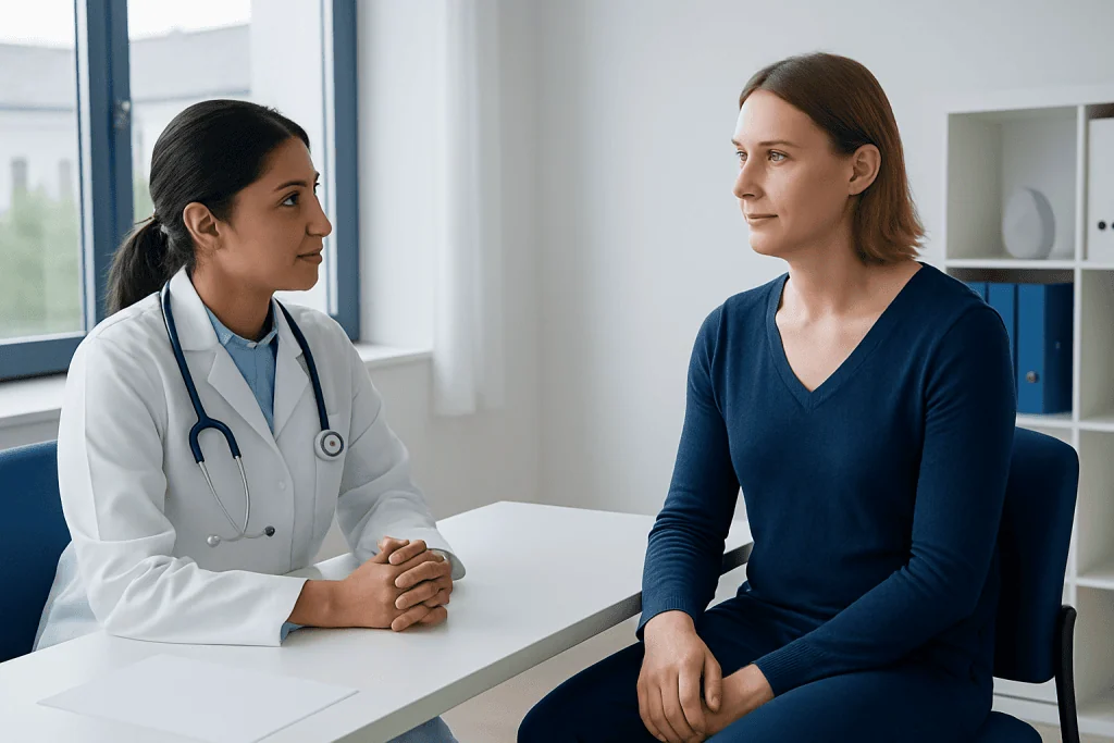 Doctor consulting female patient in a modern medical office.