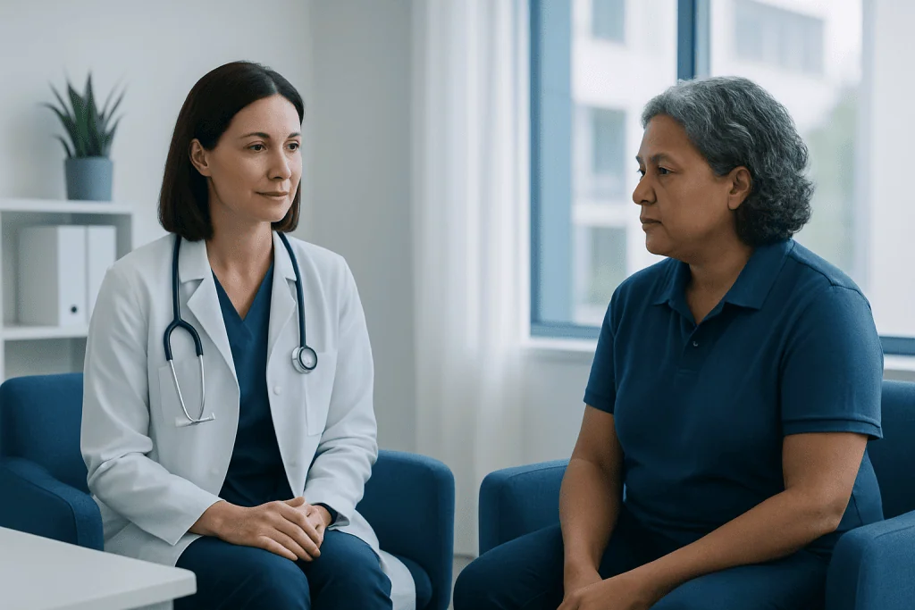Doctor consulting with a patient in a modern medical office.