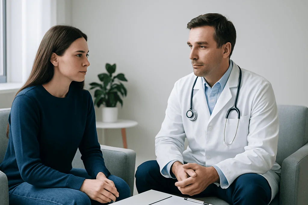 Doctor consulting with a female patient in a modern clinic setting.