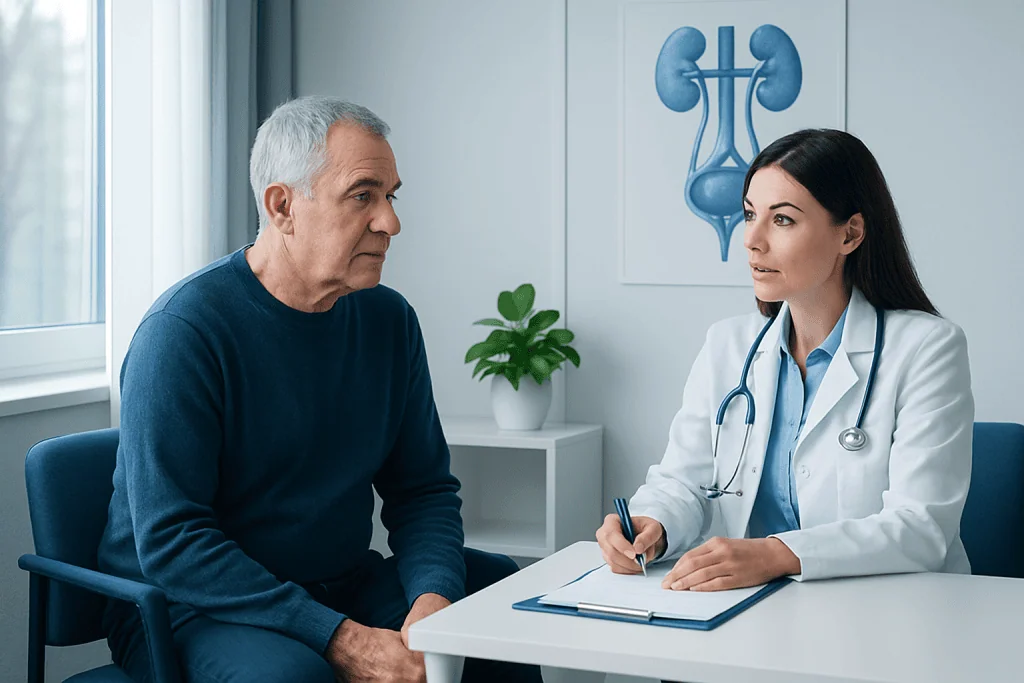 Doctor consulting with male patient in a medical office.