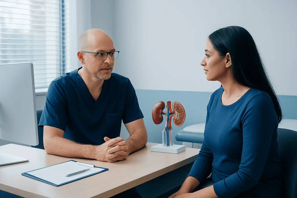 Doctor discussing kidney health with female patient in clinic.