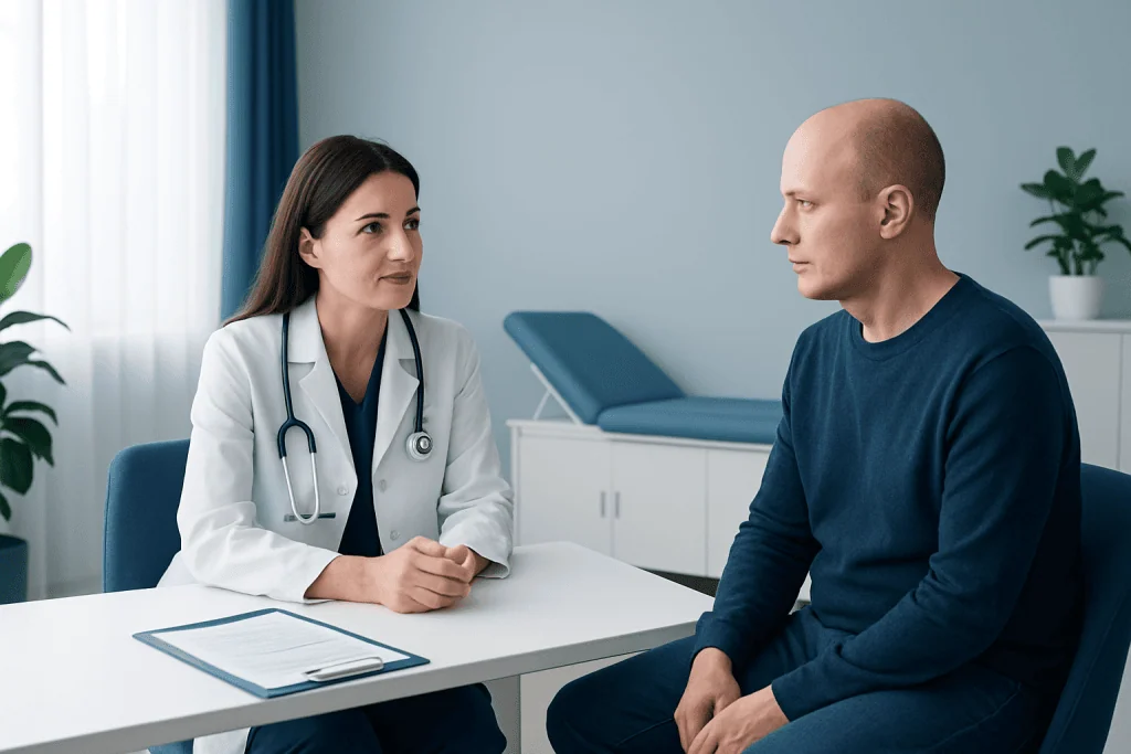Doctor consulting with patient in a medical office setting.