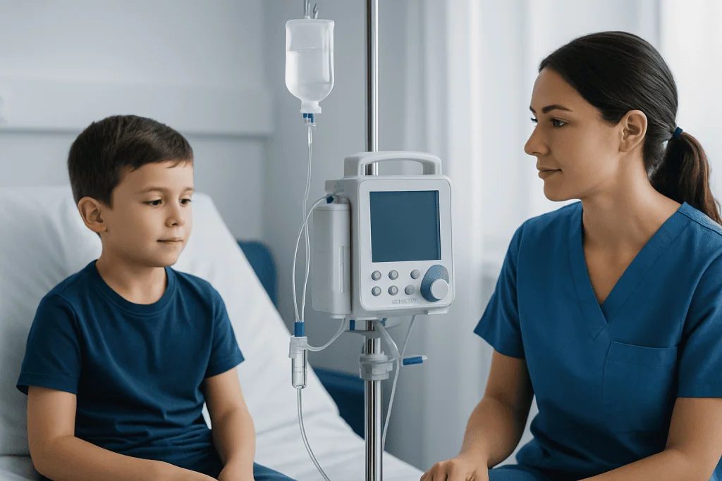 Child in hospital with healthcare professional and IV drip.