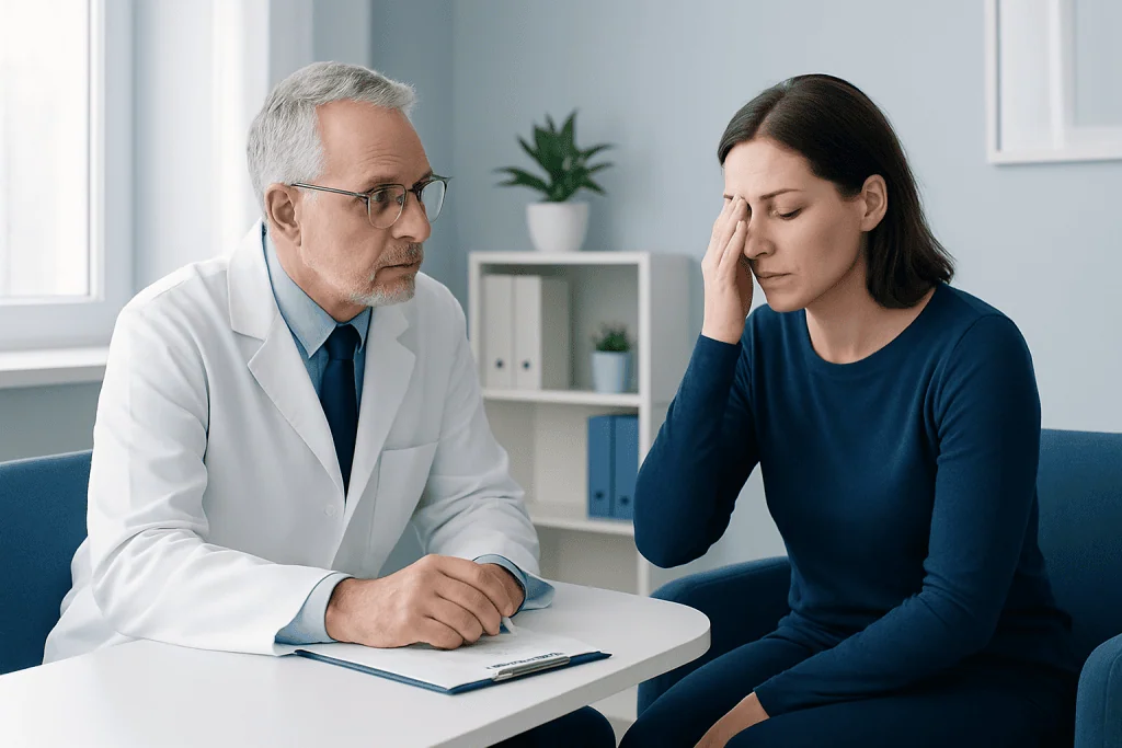 Doctor consulting with a patient about eye discomfort in a clinic setting.
