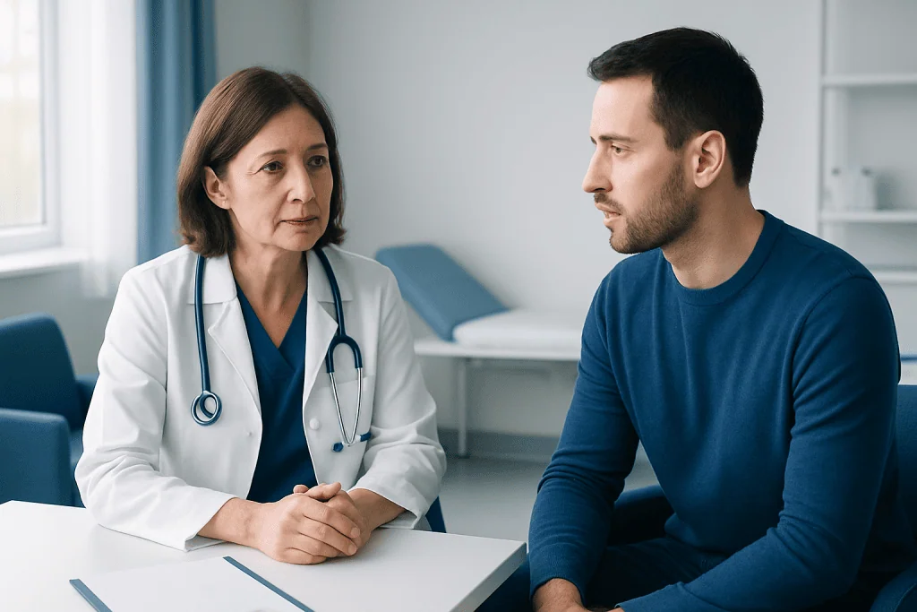 Doctor consulting with a patient in a medical office setting.