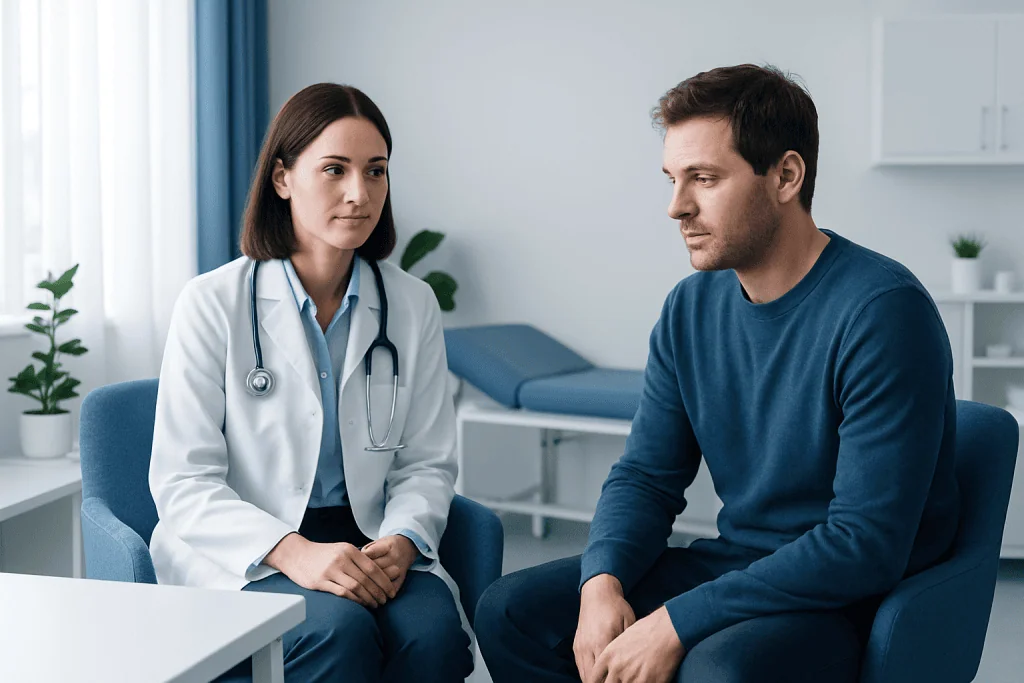Doctor consulting with male patient in a medical office.