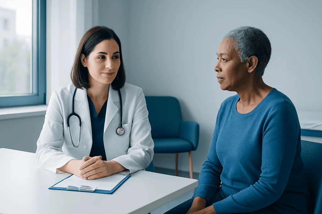 Doctor consulting with an elderly patient in a medical office.
