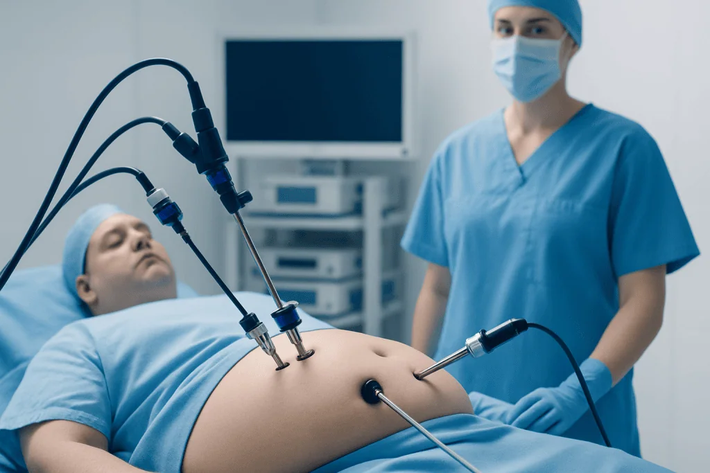 Laparoscopic weight loss surgery being performed in a hospital setting.