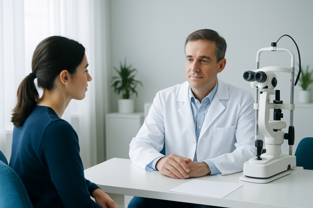 Ophthalmologist consulting with patient in a clinic setting.