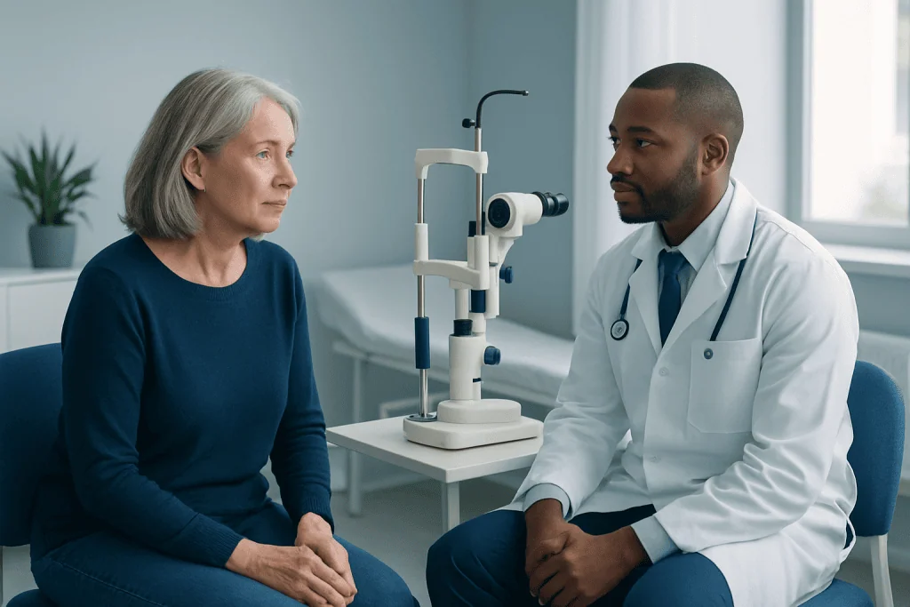 Ophthalmologist consulting with an elderly female patient in a clinic.