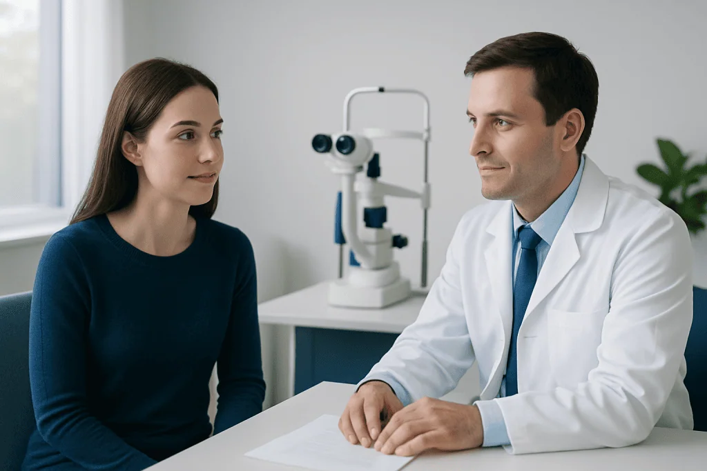 Ophthalmologist consulting with a patient about LASIK eye surgery.