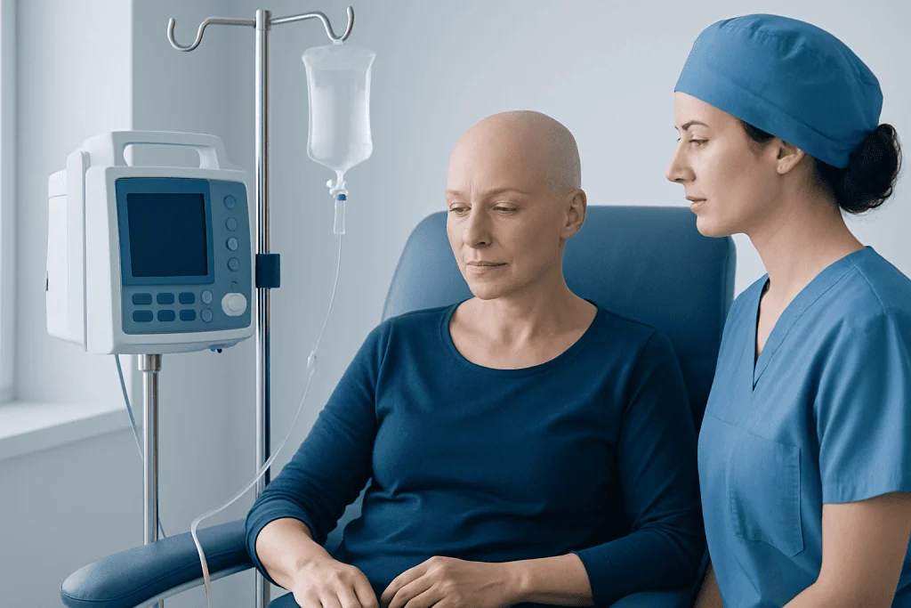Patient receiving chemotherapy treatment in a hospital setting.