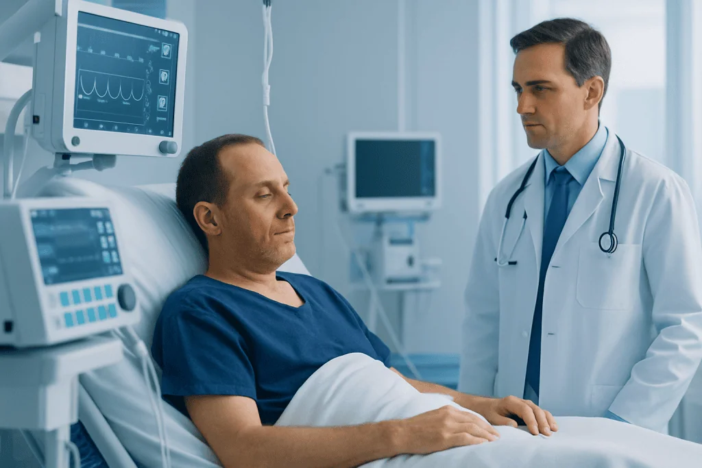 Doctor consulting with patient in hospital room with medical monitors.