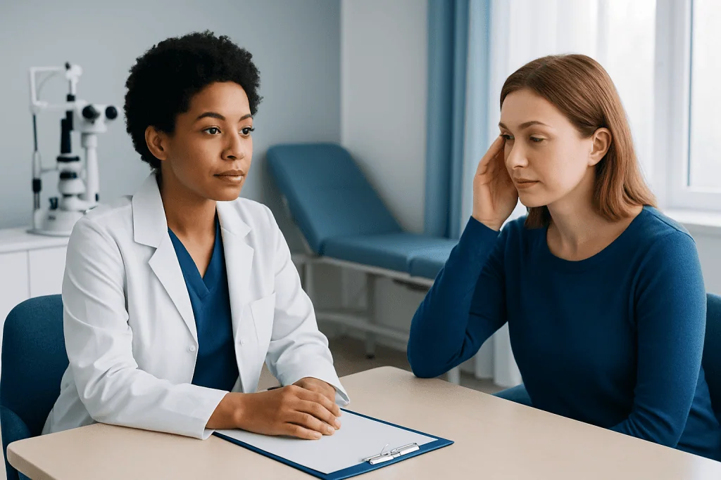 Doctor consulting with a patient about eye health in a clinic setting.