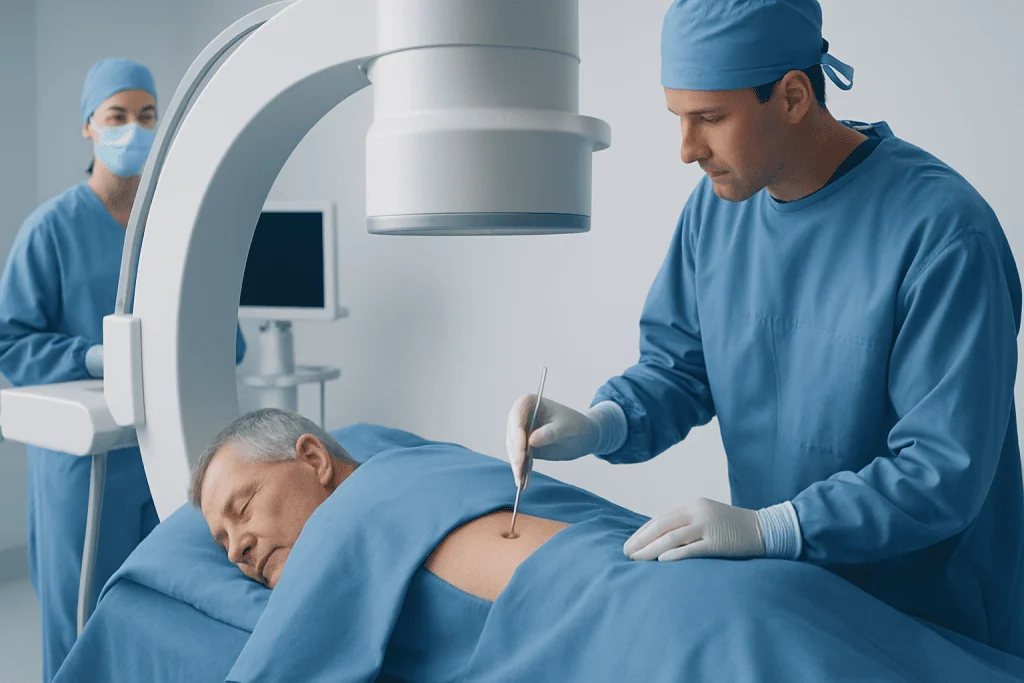 Surgeon performing lower back surgery with medical team in operating room.