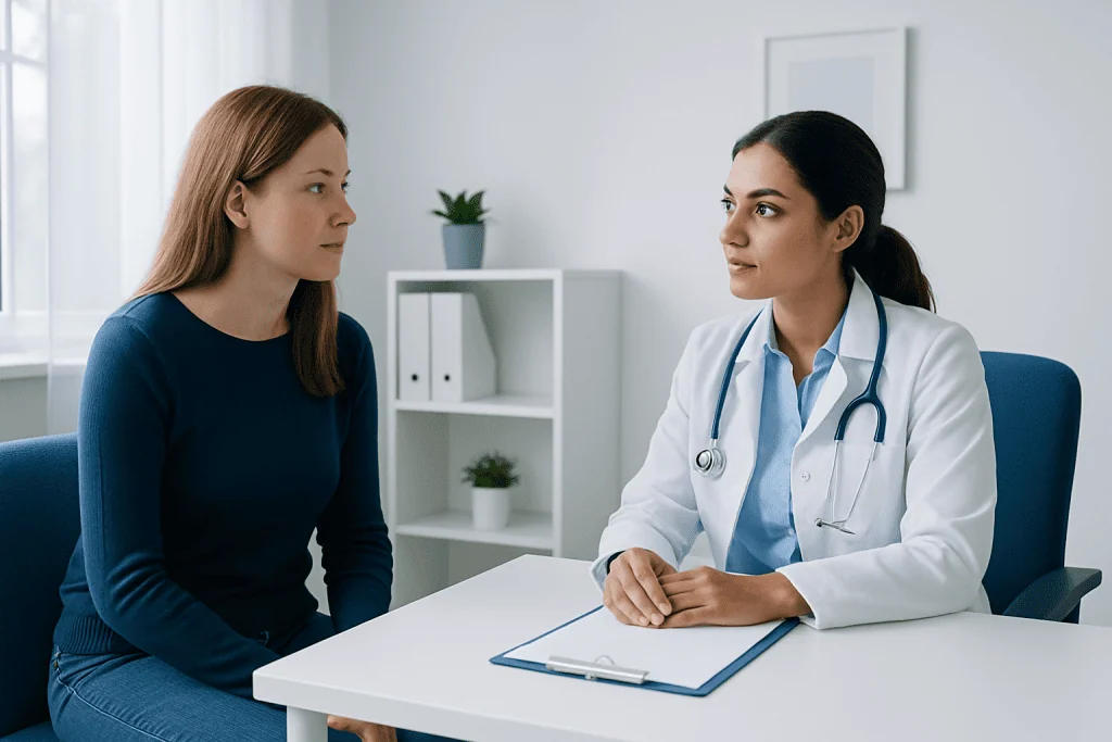 Doctor consulting with a patient about benign breast lump treatment options.