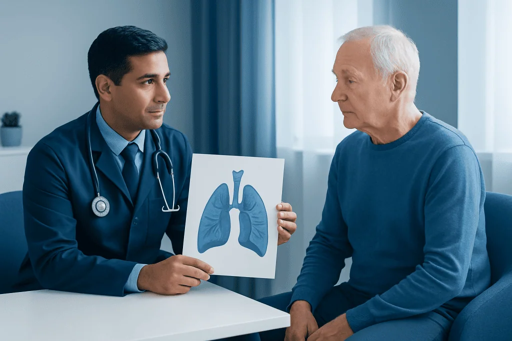 Doctor explaining lung anatomy to an elderly patient in a consultation room.